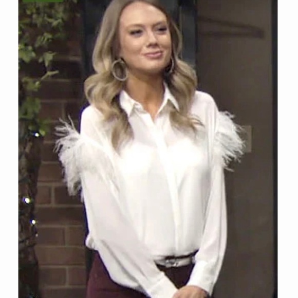 Zara Boa Feather Shoulders Button Down Blouse Off White Size Medium - Picture 6 of 8